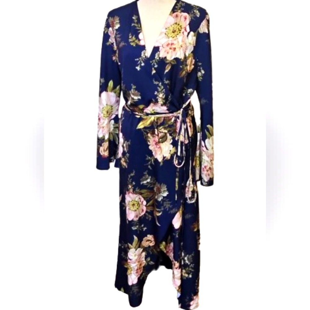 ASOS DESIGN Blue Multi-Color Floral Satin Wrap Tie Waist Midaxi Dress,Size 16